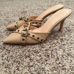 Beige Heeled Mules with Buckle Detail size 8